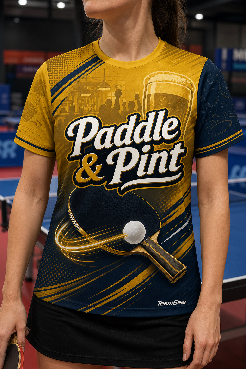 Paddle & Pint Gold Table Tennis Jersey — custom table tennis jersey worn on model — TeamGear Canada