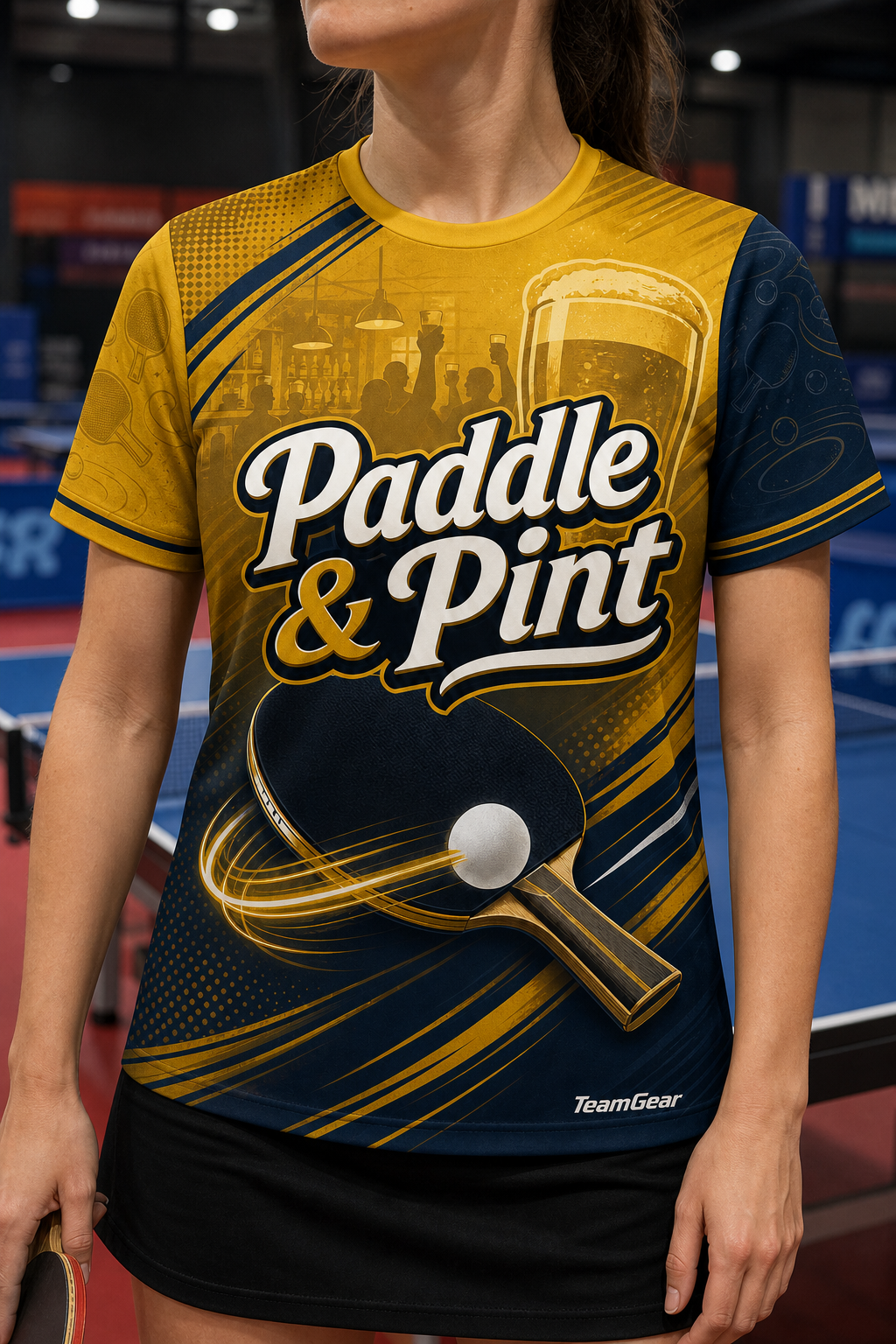 Paddle & Pint Gold Table Tennis Jersey — custom table tennis jersey worn on model — TeamGear Canada