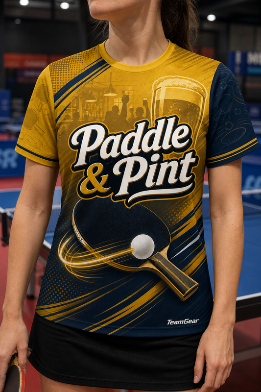 Paddle & Pint Gold Table Tennis Jersey — custom table tennis jersey worn on model — TeamGear Canada