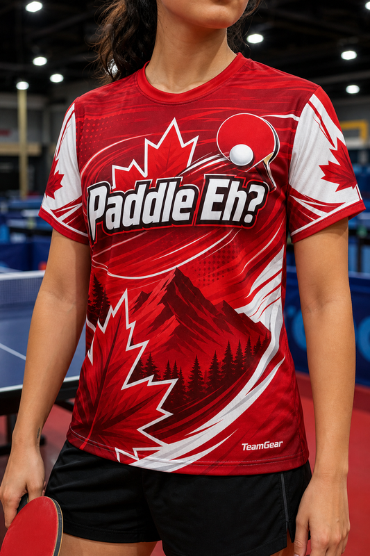 Paddle Eh? Red Table Tennis Jersey — custom table tennis jersey worn on model — TeamGear Canada