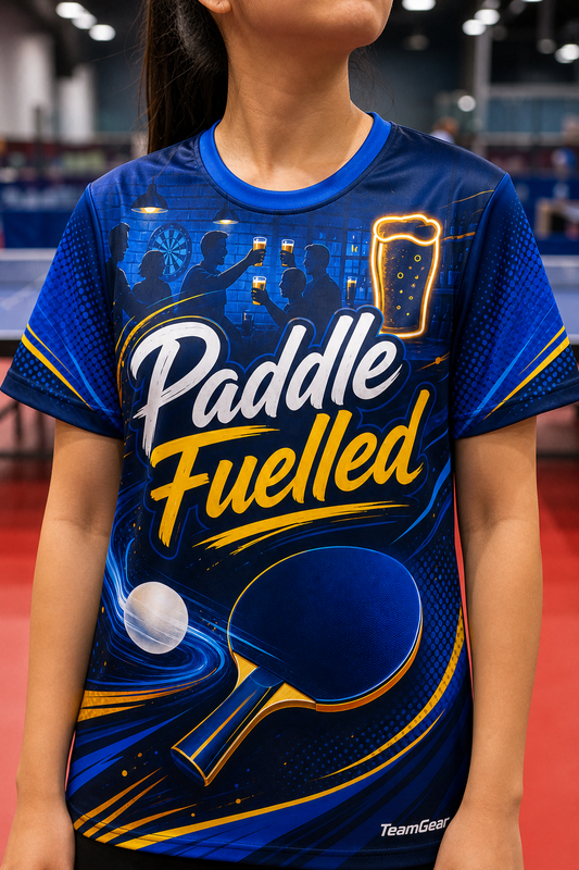Paddle Fuelled Blue Table Tennis Jersey — custom table tennis jersey worn on model — TeamGear Canada