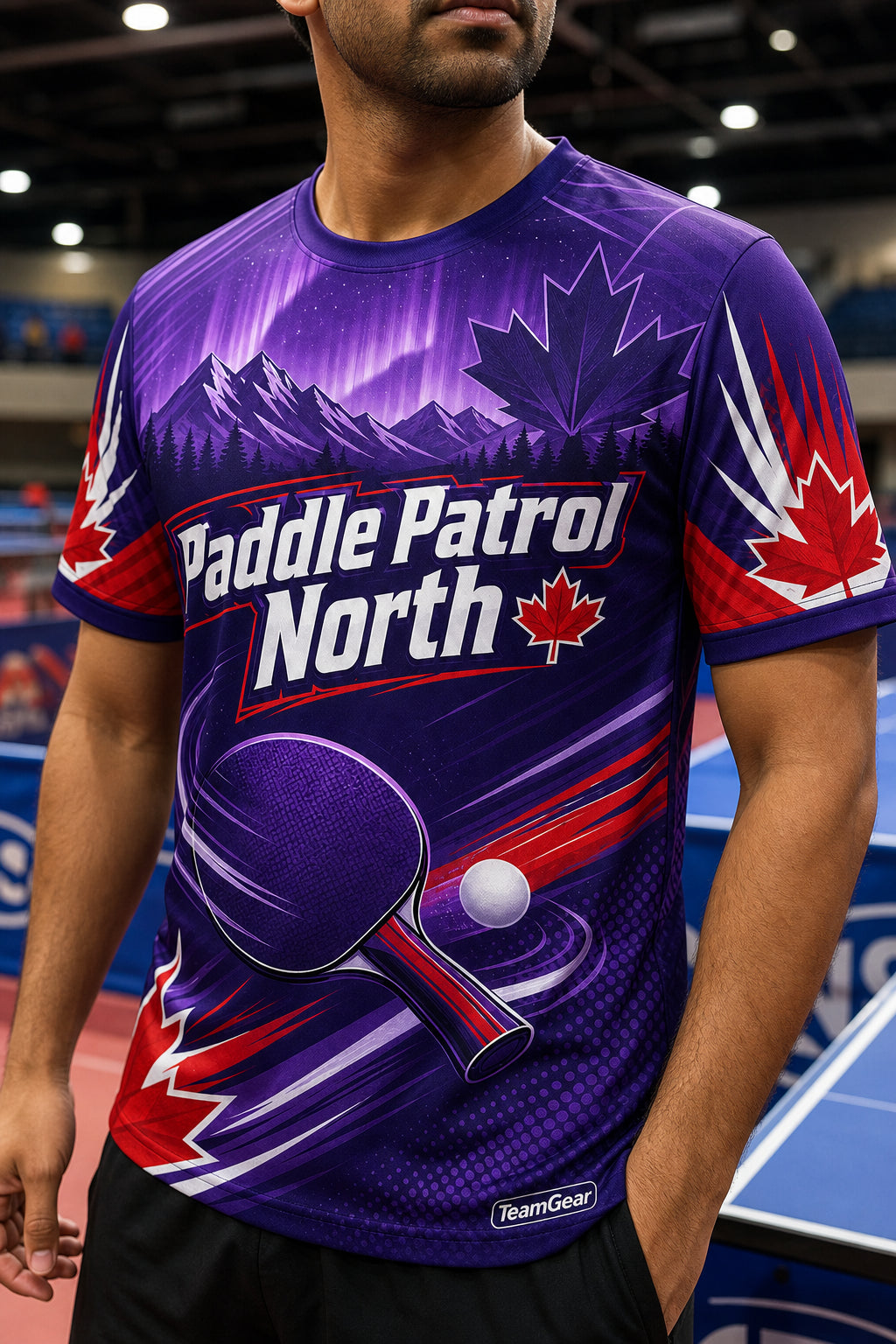 Paddle Patrol North Purple Table Tennis Jersey — custom table tennis jersey worn on model — TeamGear Canada