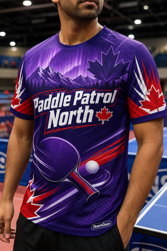 Paddle Patrol North Purple Table Tennis Jersey — custom table tennis jersey worn on model — TeamGear Canada
