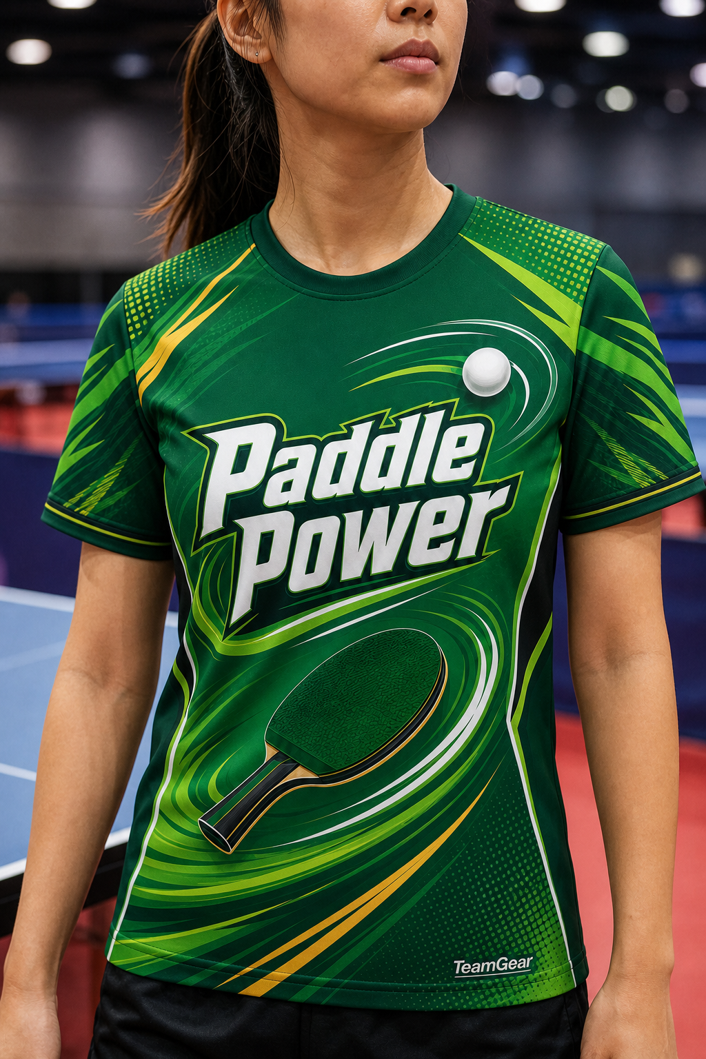 Paddle Power Green Table Tennis Jersey — custom table tennis jersey worn on model — TeamGear Canada
