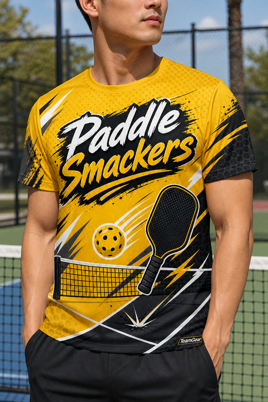 Paddle Smackers Gold Pickleball Jersey — custom pickleball jersey worn on model — TeamGear Canada