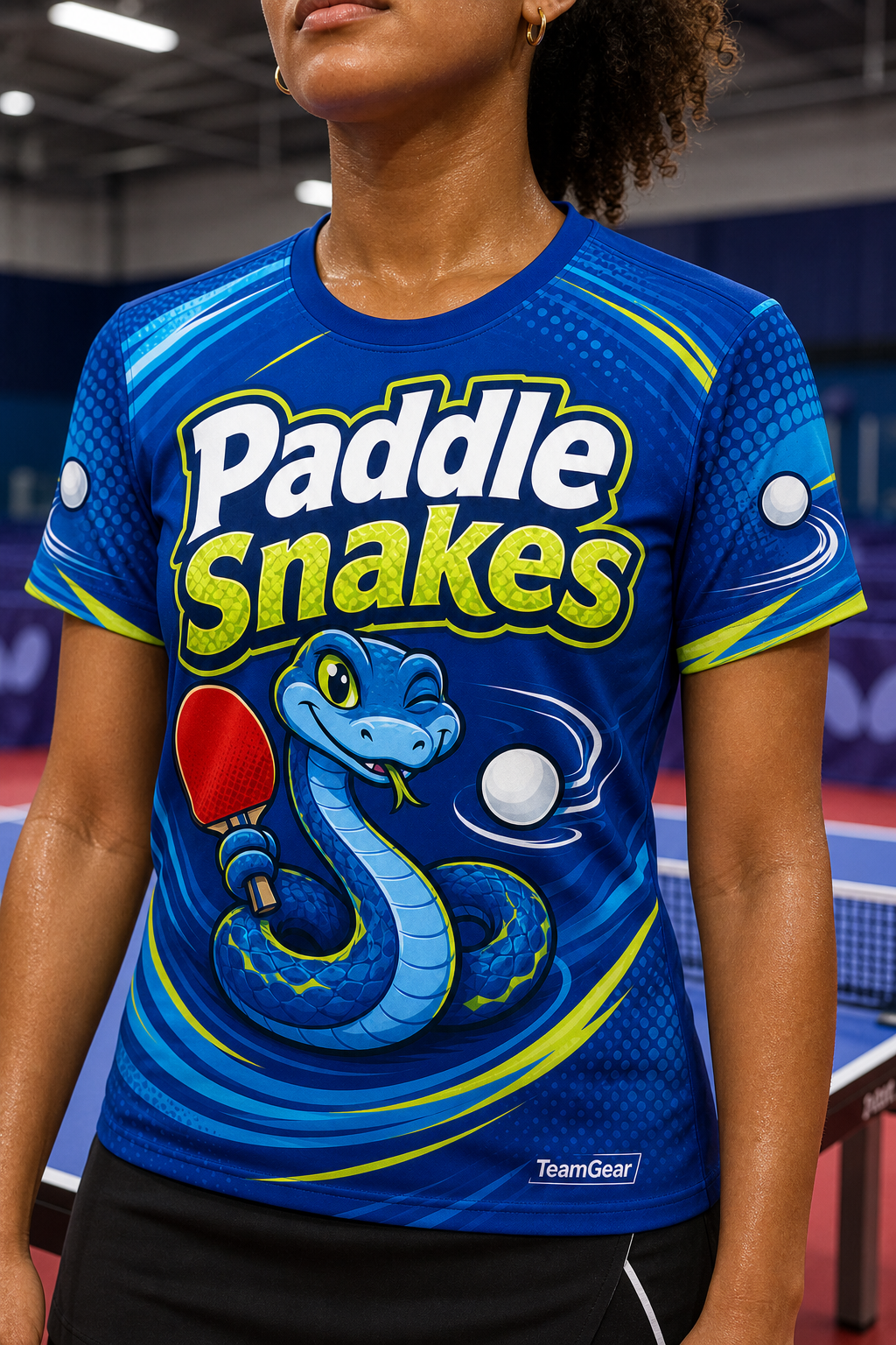 Paddle Snakes Blue Table Tennis Jersey — custom table tennis jersey worn on model — TeamGear Canada