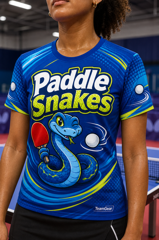 Paddle Snakes Blue Table Tennis Jersey — custom table tennis jersey worn on model — TeamGear Canada