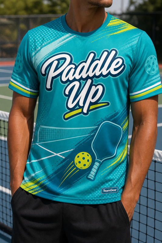 Paddle Up Teal Pickleball Jersey — custom pickleball jersey worn on model — TeamGear Canada