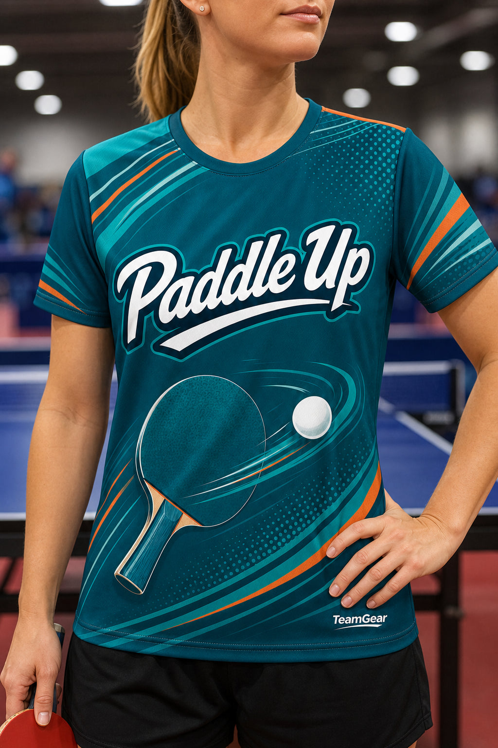 Paddle Up Teal Table Tennis Jersey — custom table tennis jersey worn on model — TeamGear Canada