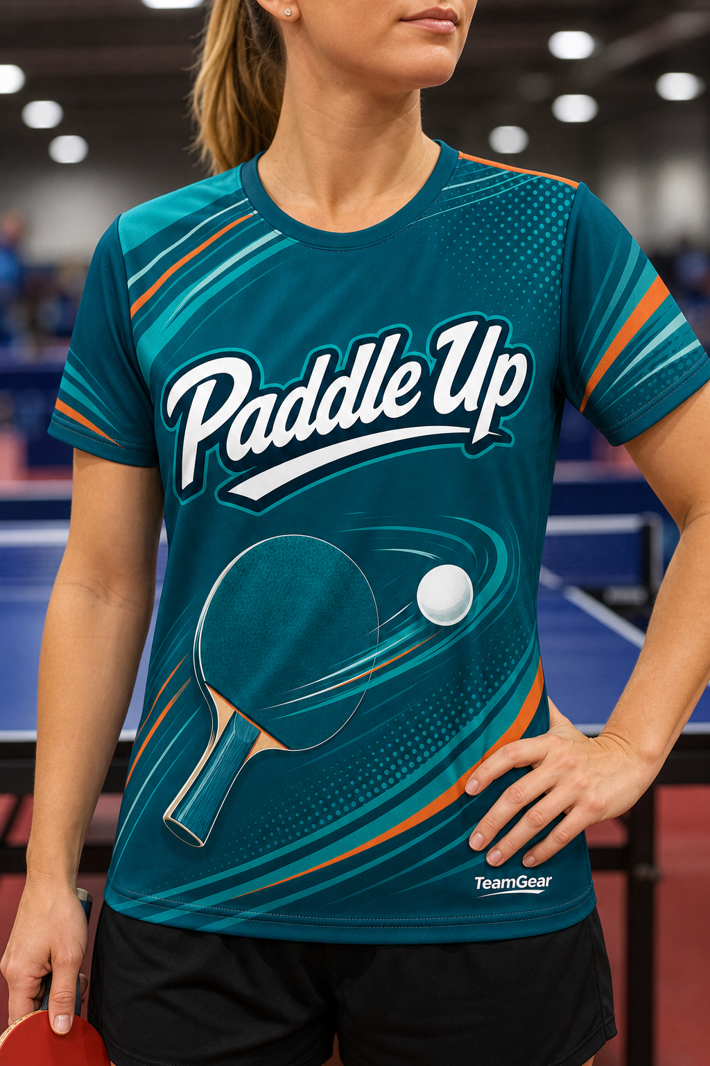 Paddle Up Teal Table Tennis Jersey — custom table tennis jersey worn on model — TeamGear Canada
