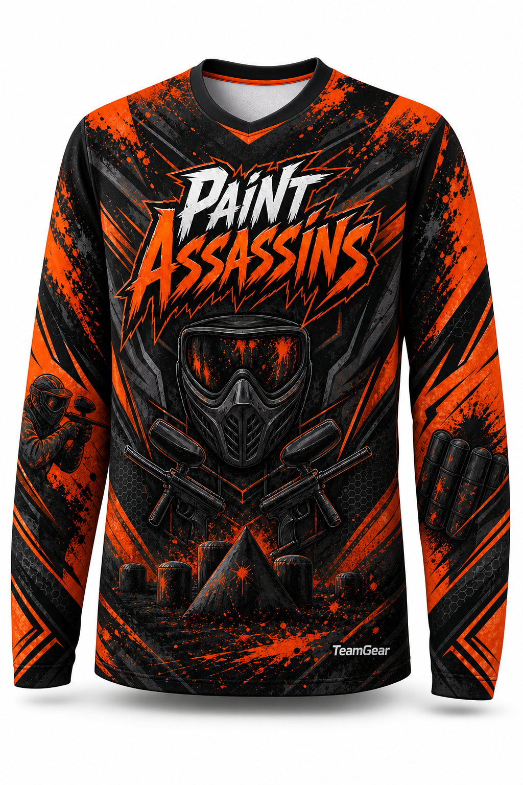 Paint Assassins Orange Long Sleeve Paintball Jersey - front and back view