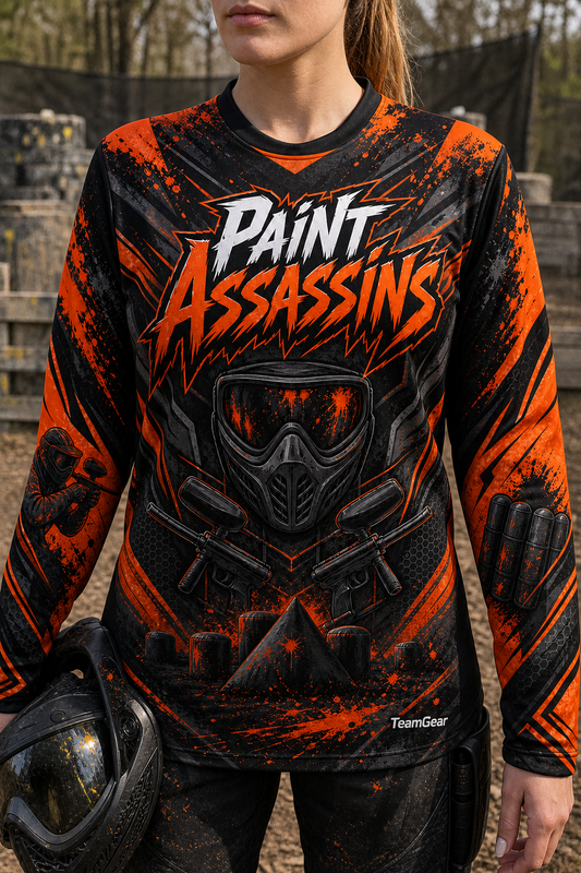 Paint Assassins Orange Long Sleeve Paintball Jersey — custom paintball jersey worn on model — TeamGear Canada