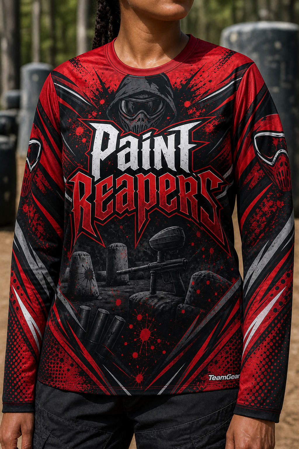 Paint Reapers Crimson Long Sleeve Paintball Jersey — custom paintball jersey worn on model — TeamGear Canada