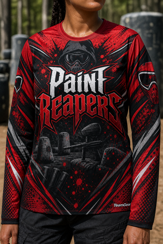 Paint Reapers Crimson Long Sleeve Paintball Jersey — custom paintball jersey worn on model — TeamGear Canada