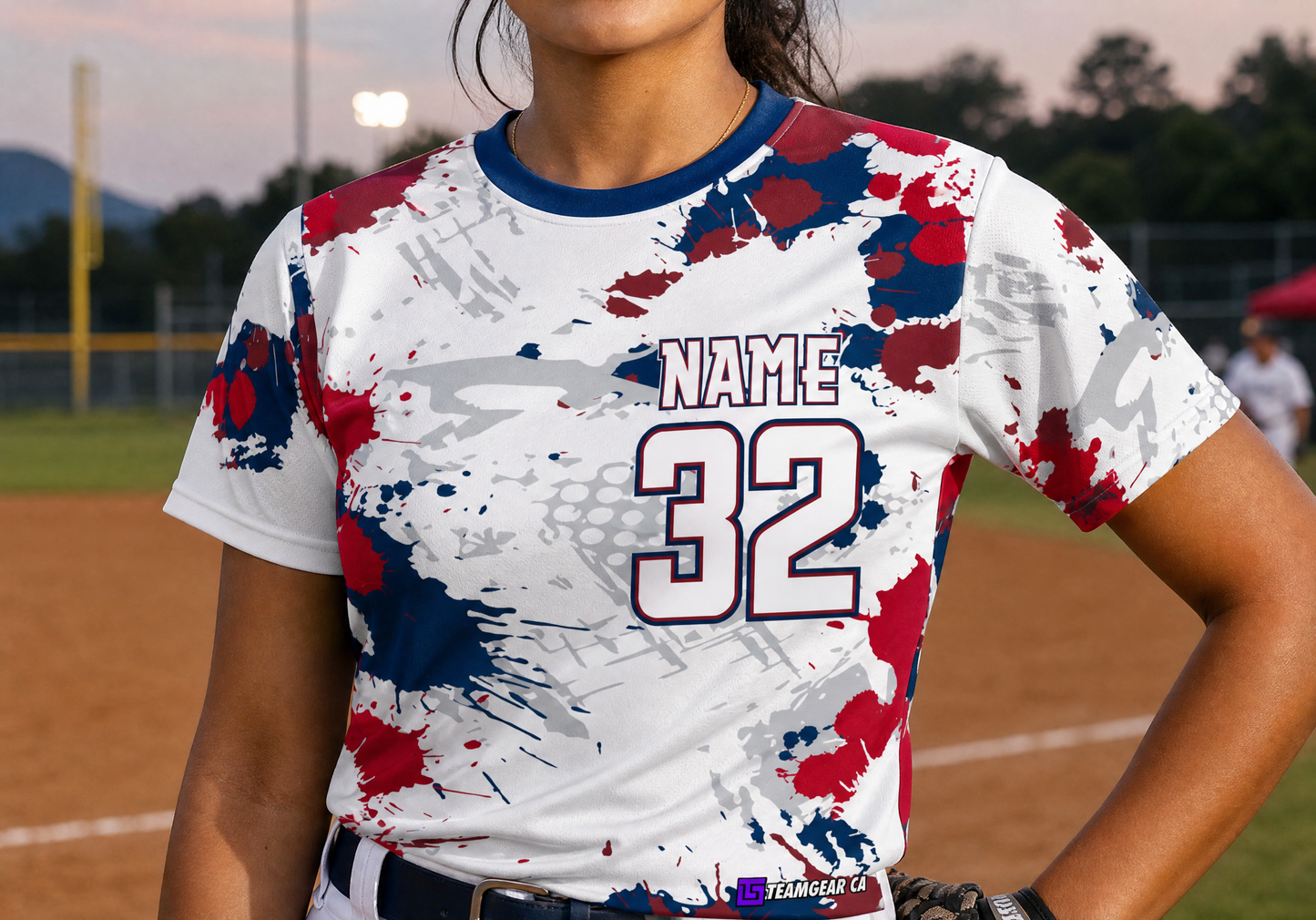 Paint Splatter Red, White and Blue Softball Jersey — custom softball jersey worn on model — TeamGear Canada