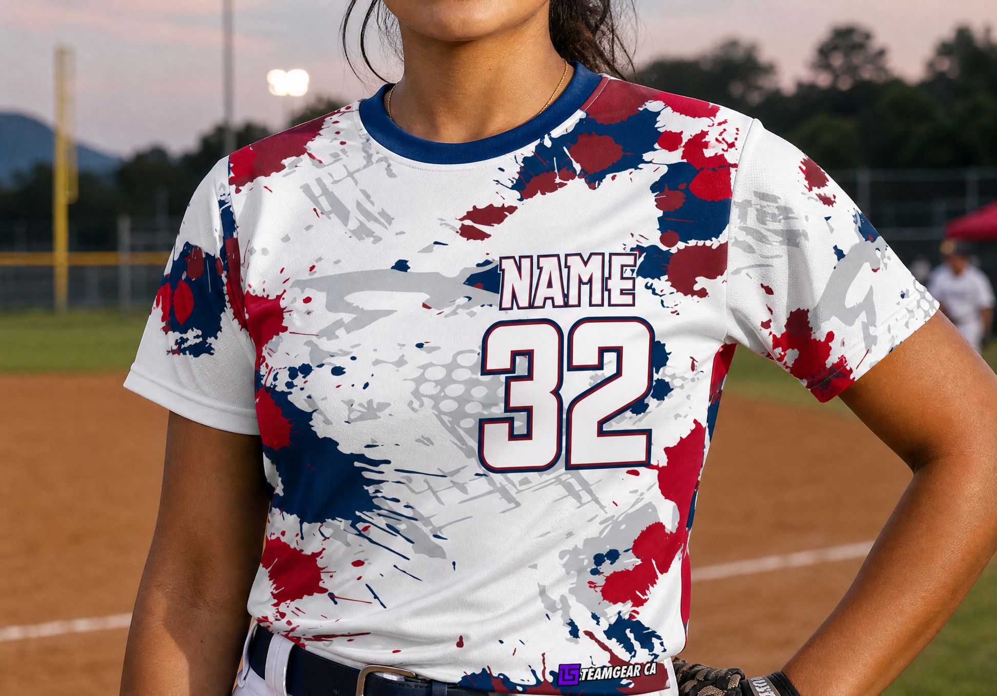 Paint Splatter Red, White and Blue Softball Jersey — custom softball jersey worn on model — TeamGear Canada