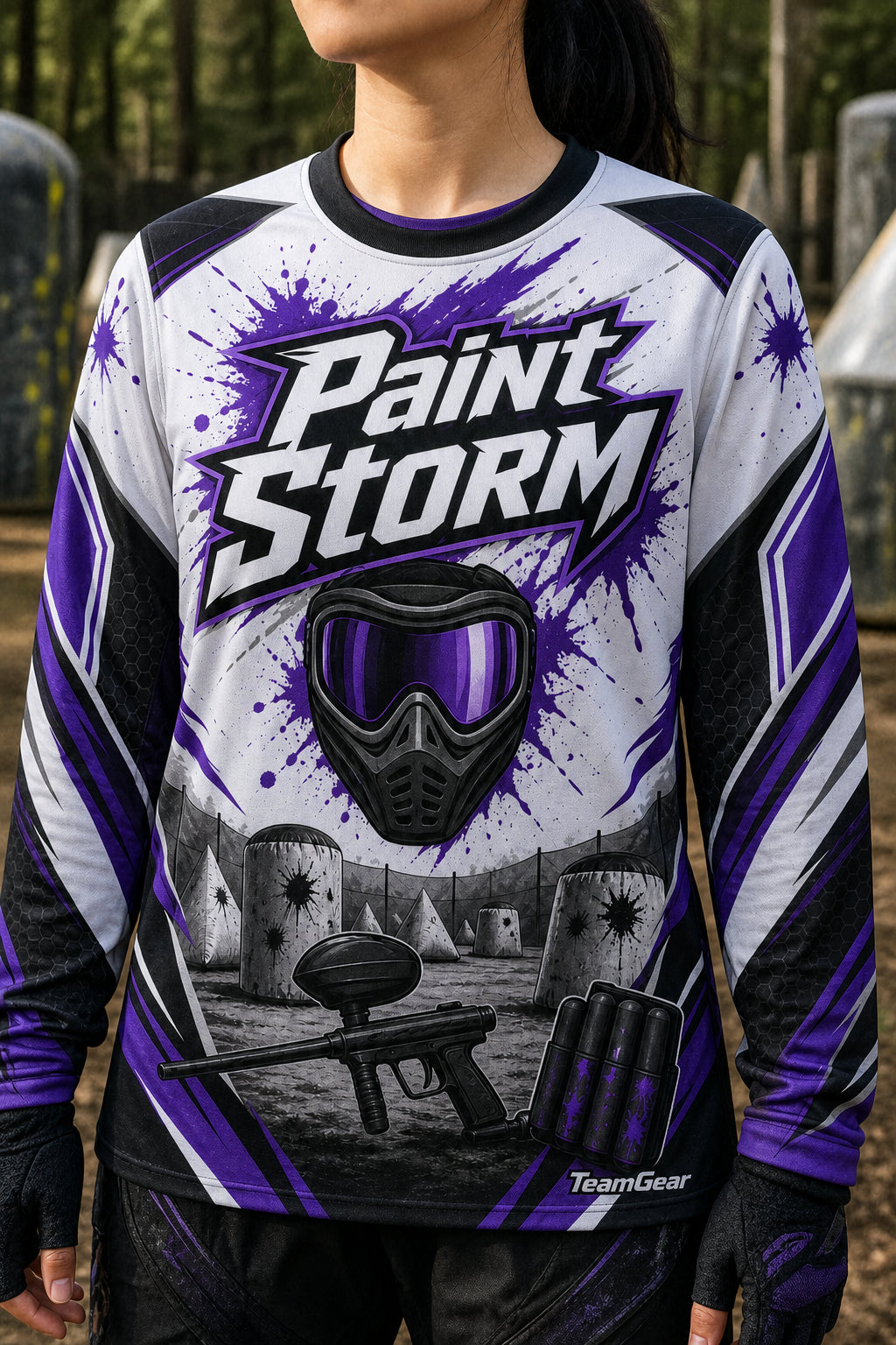 Paint Storm White Long Sleeve Paintball Jersey — custom paintball jersey worn on model — TeamGear Canada
