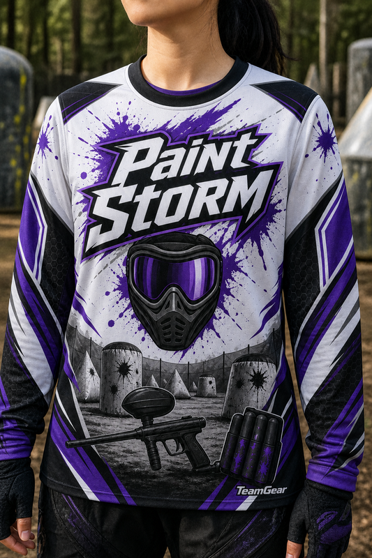 Paint Storm White Long Sleeve Paintball Jersey — custom paintball jersey worn on model — TeamGear Canada