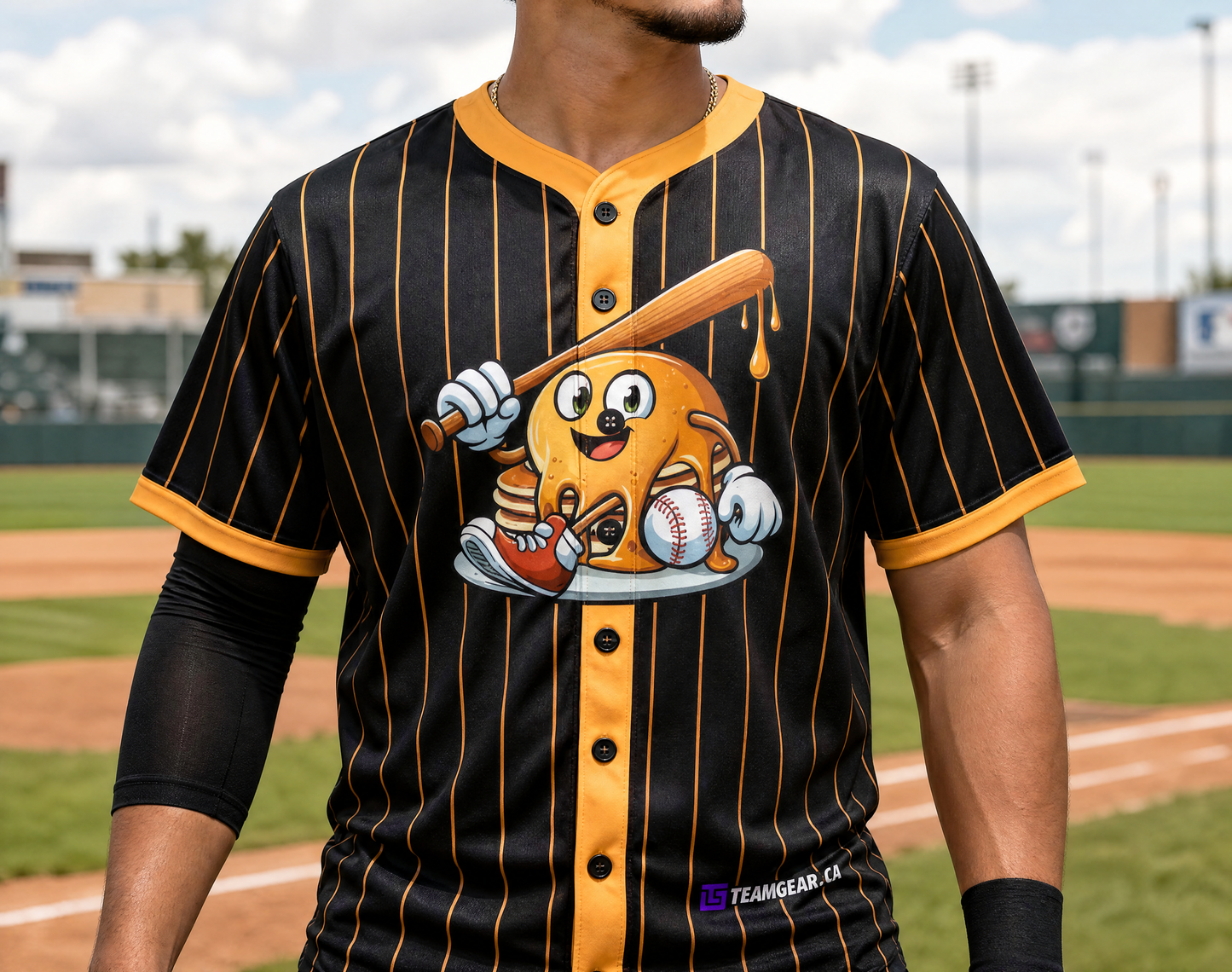 Pancake Batters Black Pinstripe Baseball Jersey — custom baseball jersey worn on model — TeamGear Canada