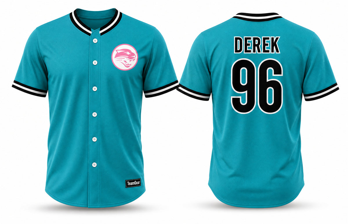 Panthers Teal Baseball Jersey Full Button - front and back view