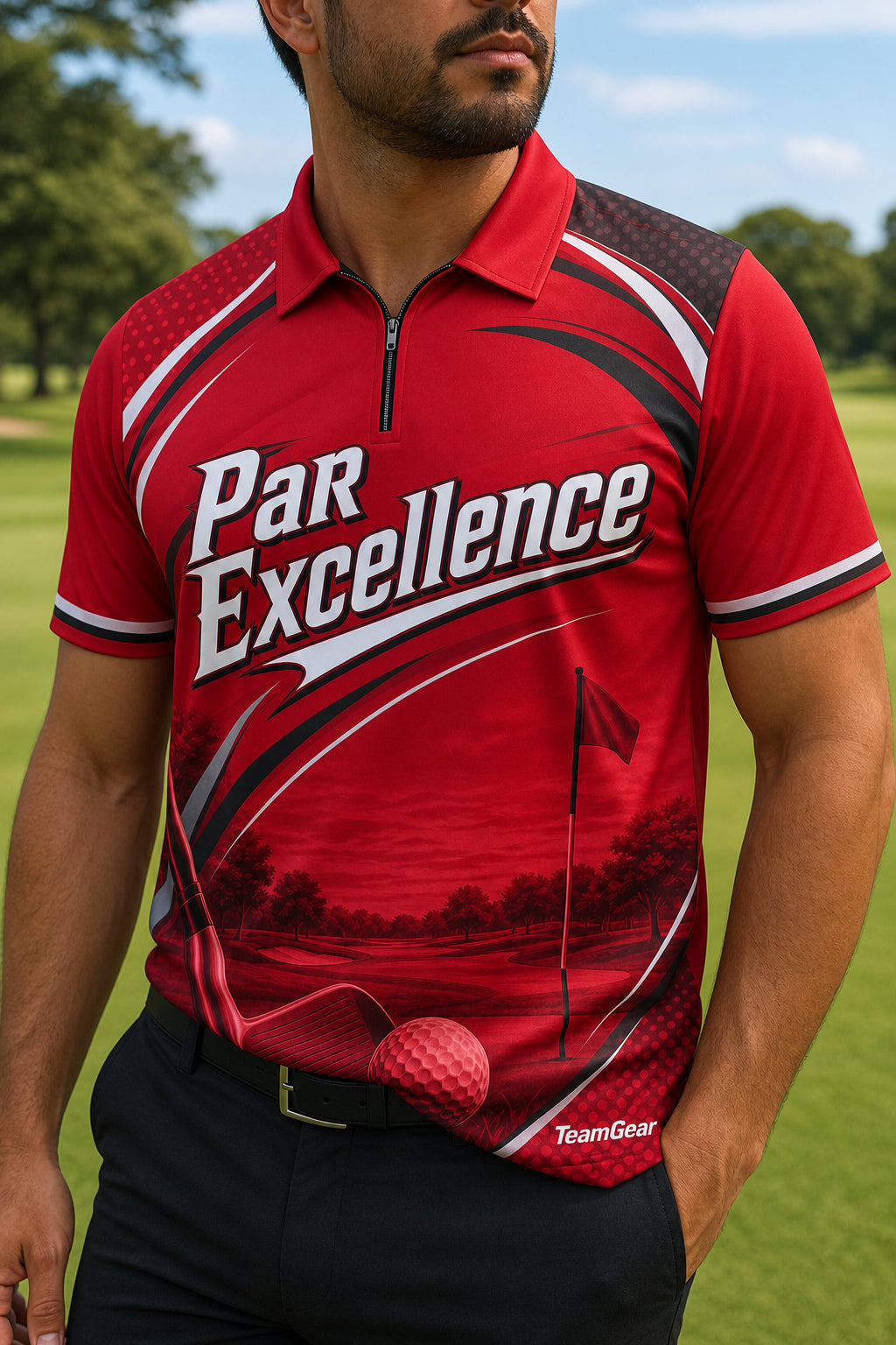 Par Excellence Crimson Golf Polo — custom golf team apparel worn on model — TeamGear Canada