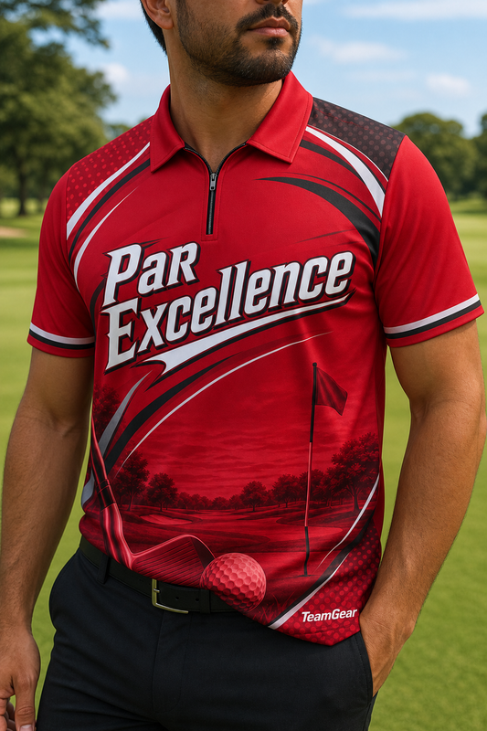 Par Excellence Crimson Golf Polo — custom golf team apparel worn on model — TeamGear Canada