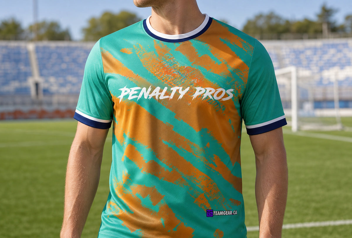 Penalty Pros Green Soccer Jersey — custom soccer jersey worn on model — TeamGear Canada