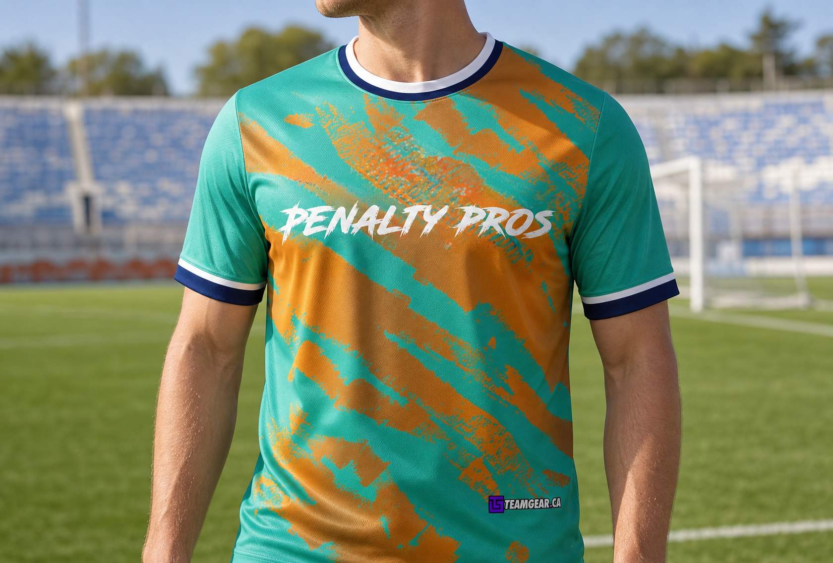 Penalty Pros Green Soccer Jersey — custom soccer jersey worn on model — TeamGear Canada