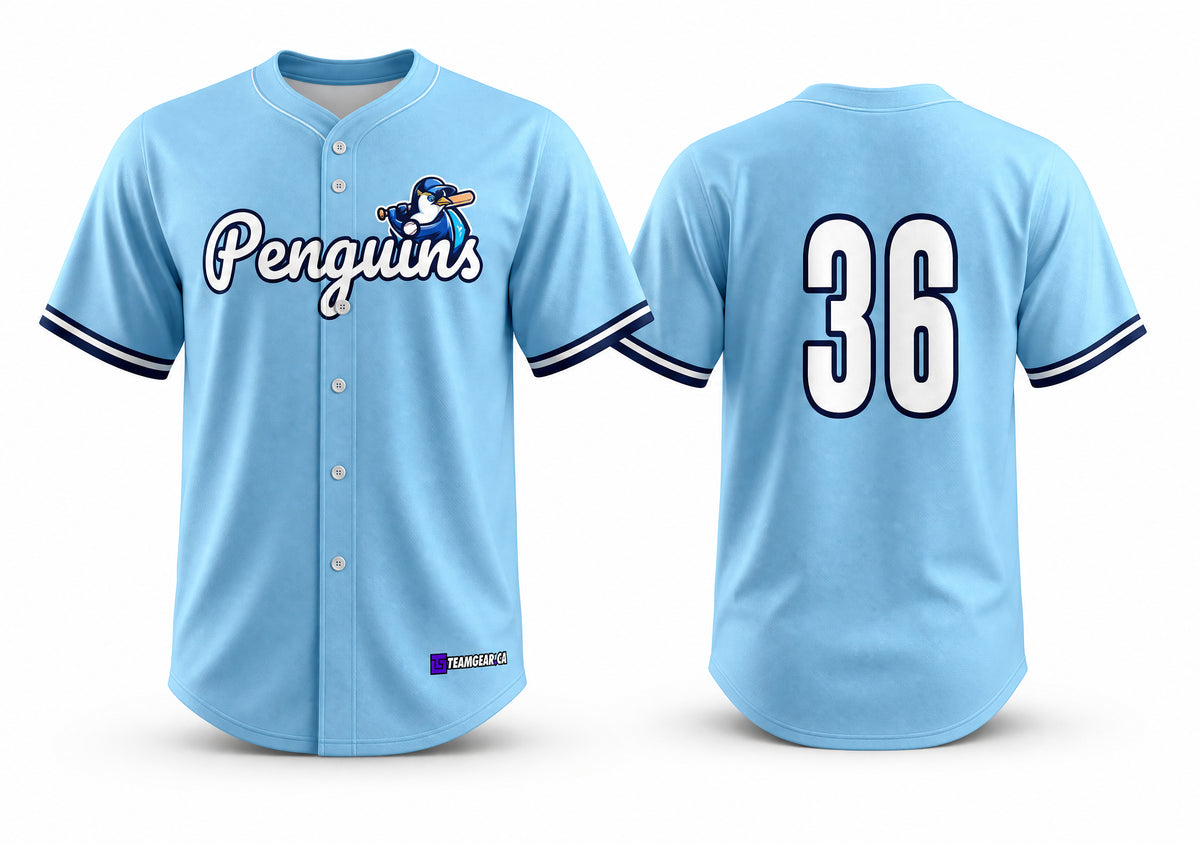 Penguins Blue Baseball Jersey Full Button - front and back view