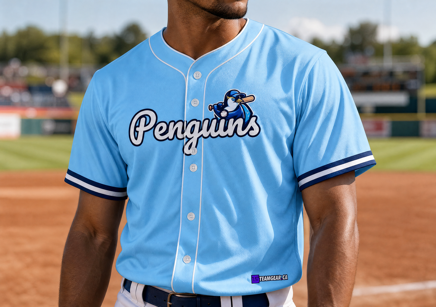 Penguins Blue Baseball Jersey Full Button — custom baseball jersey worn on model — TeamGear Canada
