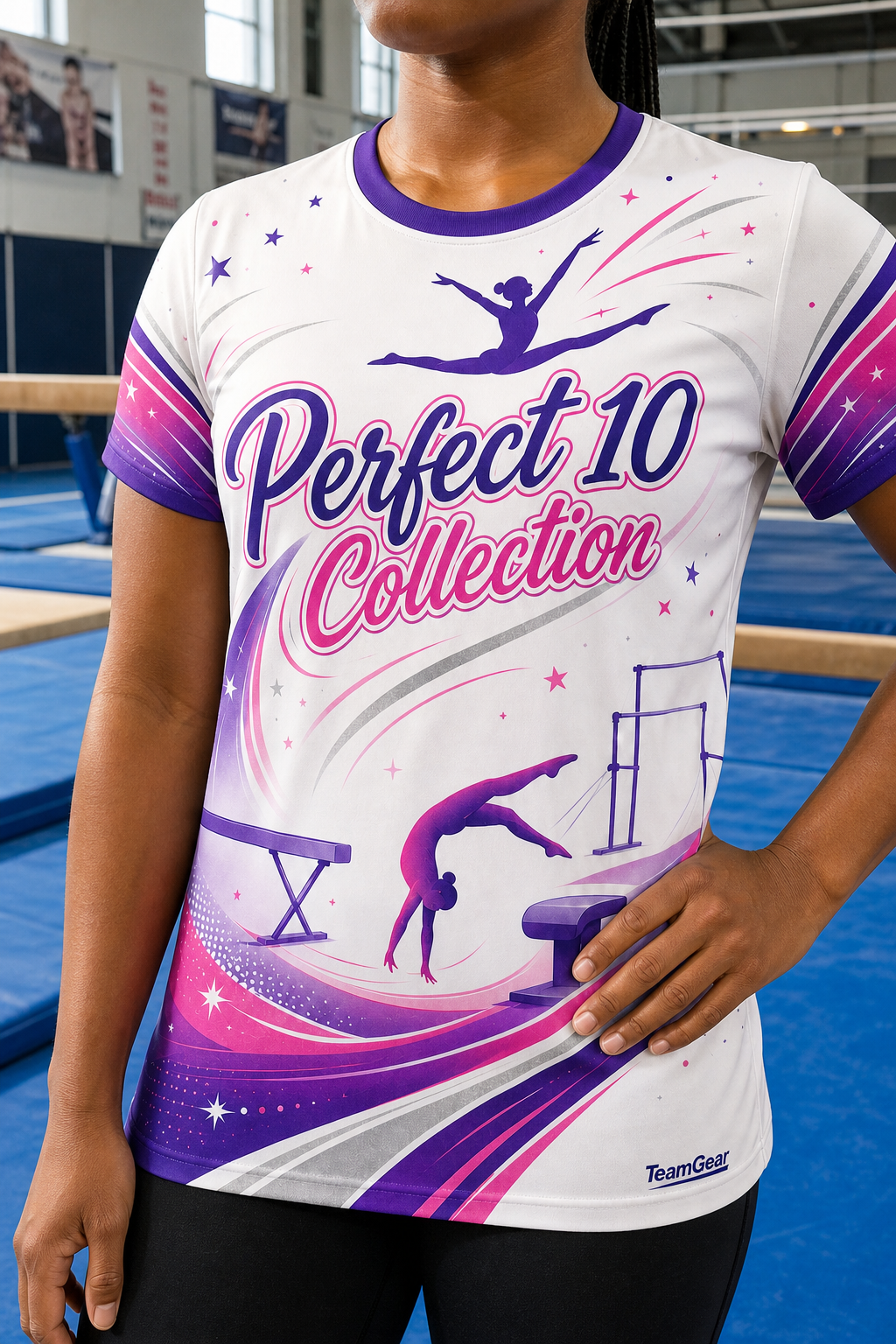 Perfect 10 Collection White Gymnastics Jersey — custom gymnastics jersey worn on model — TeamGear Canada