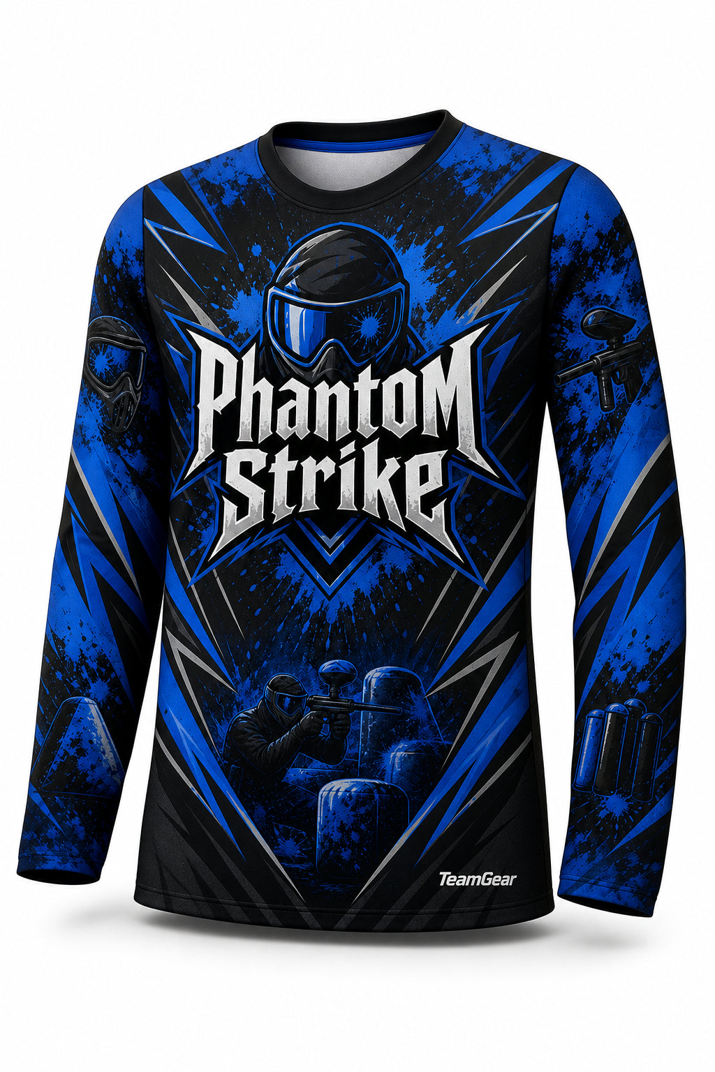 Phantom Strike Blue Long Sleeve Paintball Jersey - front and back view