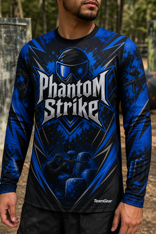 Phantom Strike Blue Long Sleeve Paintball Jersey — custom paintball jersey worn on model — TeamGear Canada