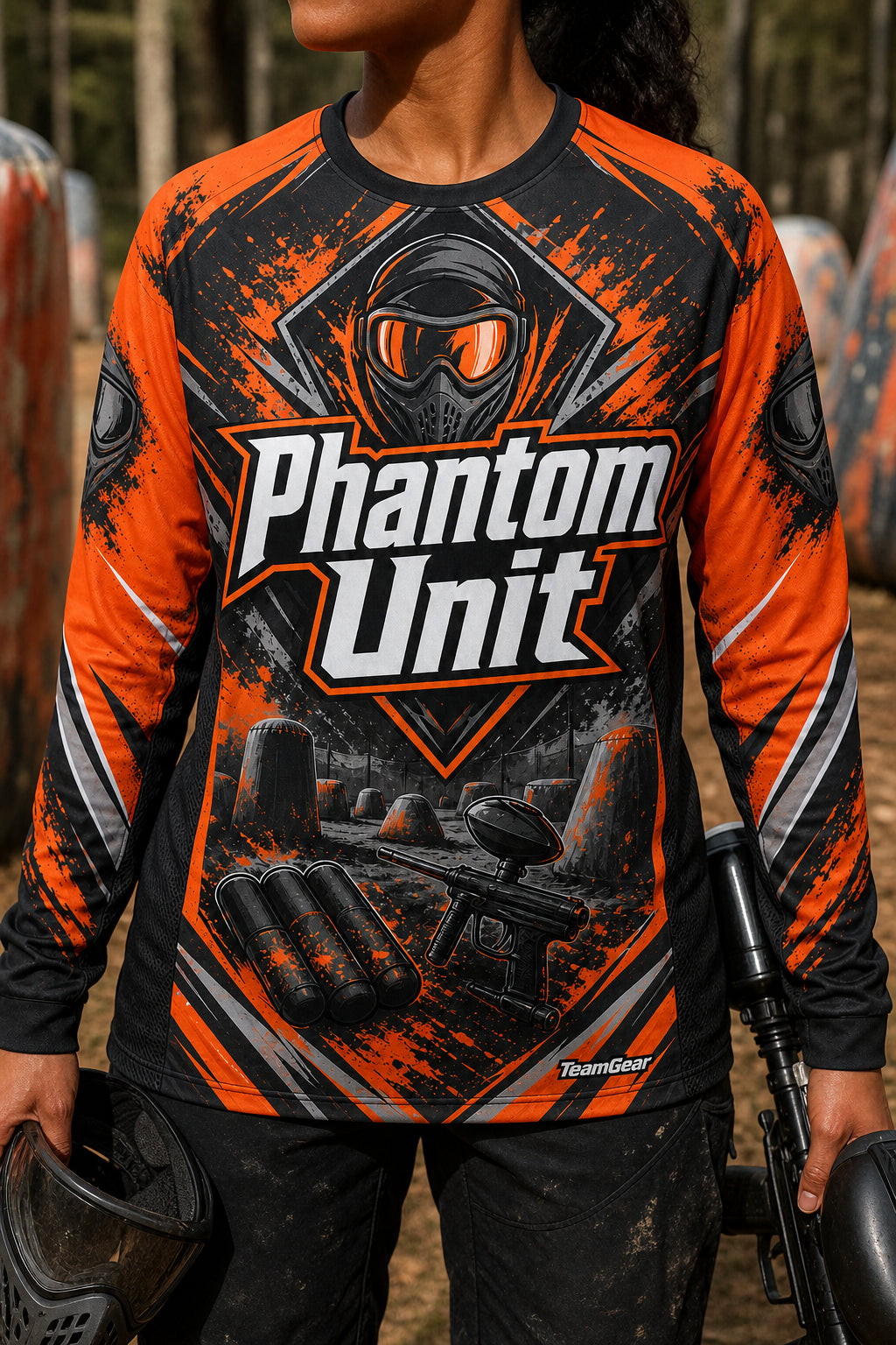 Phantom Unit Orange Long Sleeve Paintball Jersey — custom paintball jersey worn on model — TeamGear Canada