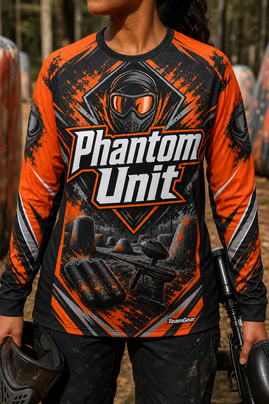 Phantom Unit Orange Long Sleeve Paintball Jersey — custom paintball jersey worn on model — TeamGear Canada