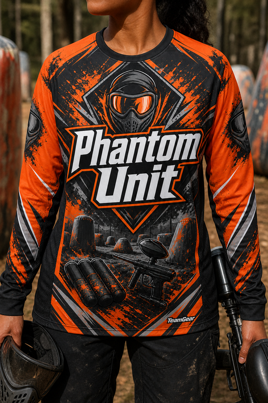Phantom Unit Orange Long Sleeve Paintball Jersey — custom paintball jersey worn on model — TeamGear Canada
