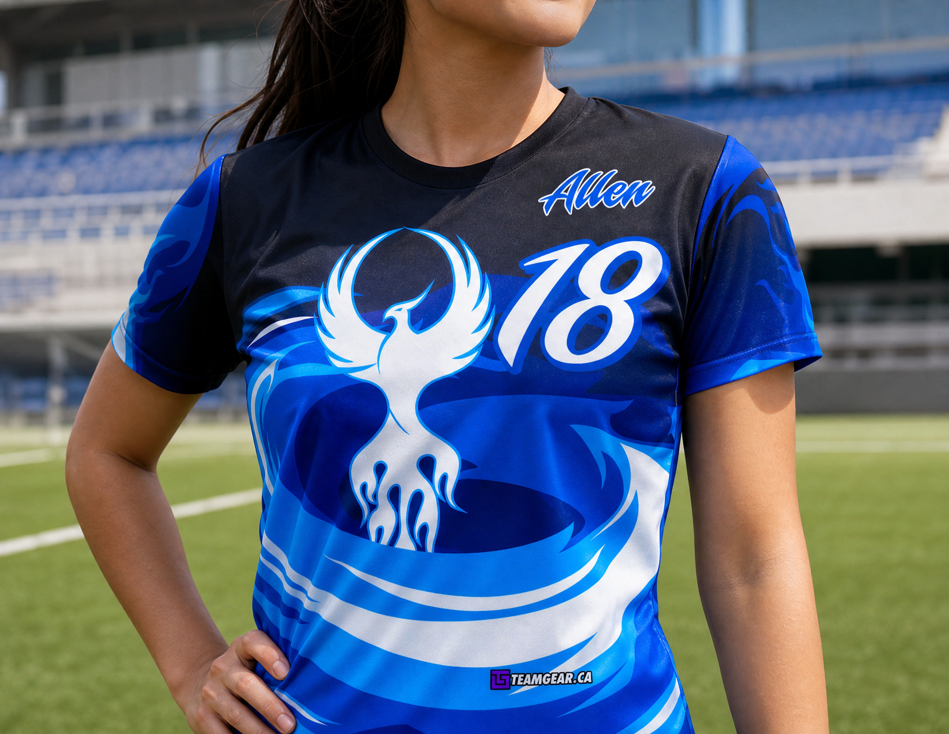 Phoenix Blue Soccer Jersey — custom soccer jersey worn on model — TeamGear Canada