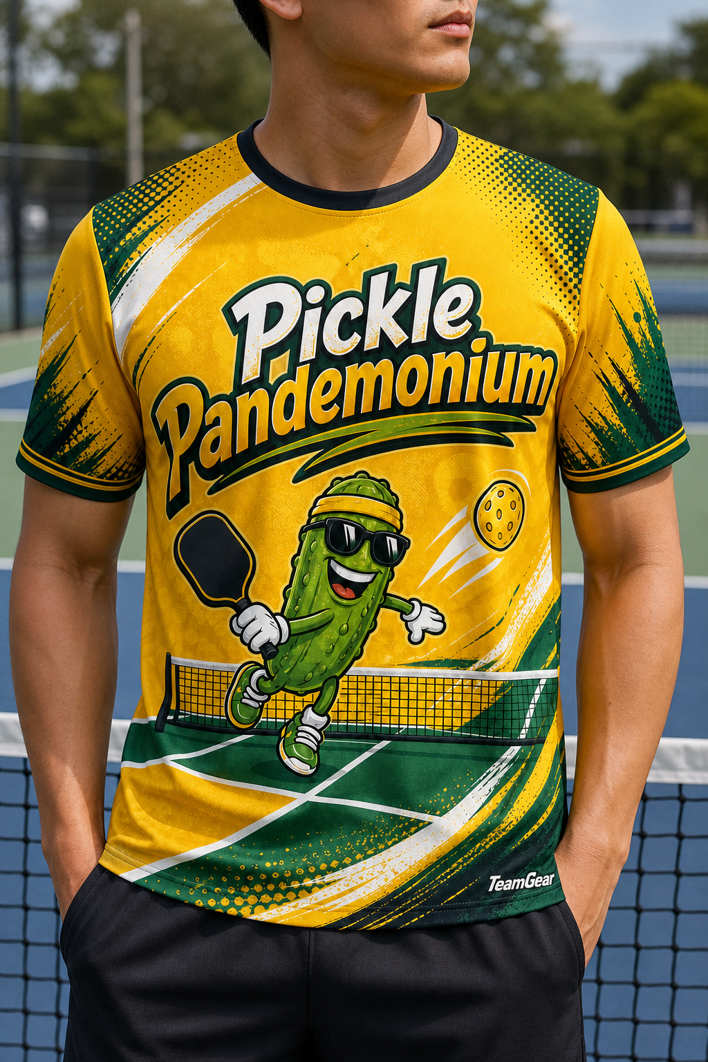 Pickle Pandemonium Gold Pickleball Jersey — custom pickleball jersey worn on model — TeamGear Canada