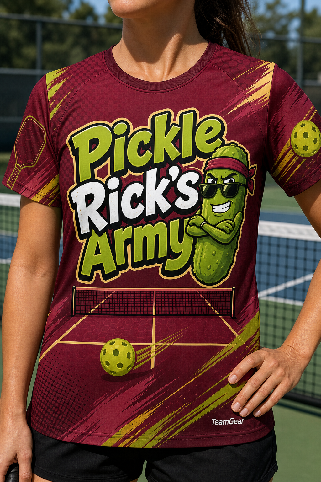 Pickle Rick's Army Maroon Pickleball Jersey — custom pickleball jersey worn on model — TeamGear Canada