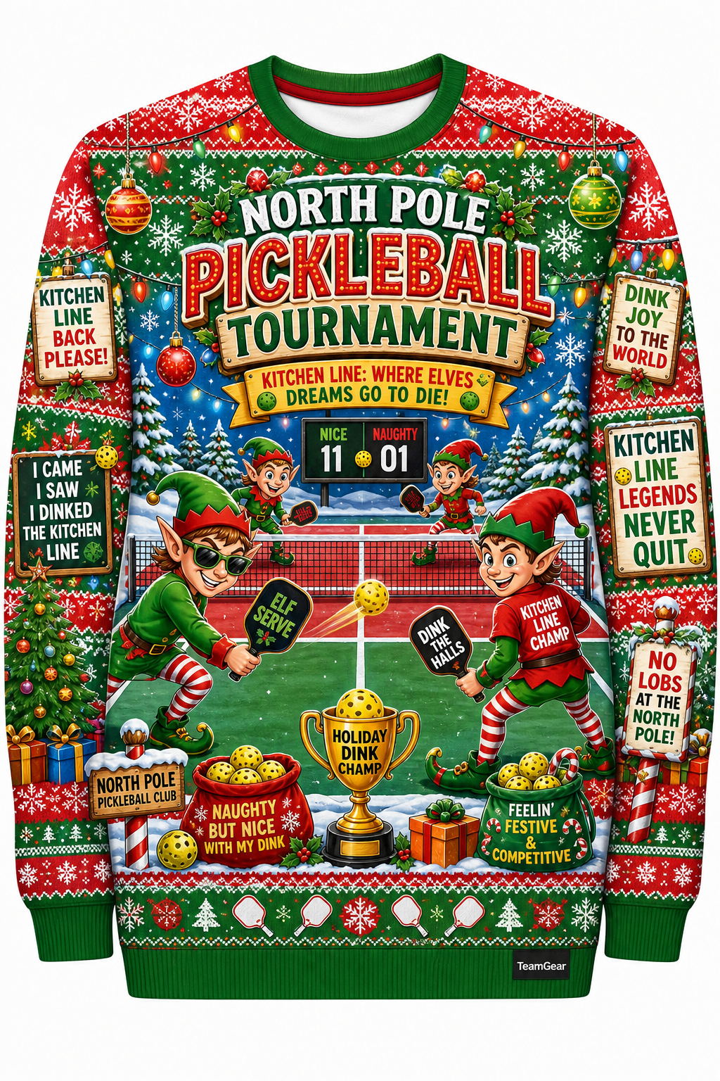 Pickleball-Playing Elves Ugly Christmas Sweater design
