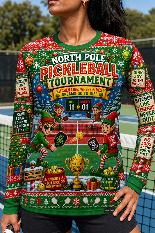 Pickleball-Playing Elves Ugly Christmas Sweater — custom pickleball team apparel worn on model — TeamGear Canada