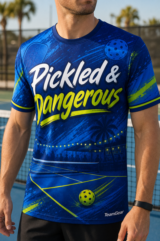 Pickled & Dangerous Blue Pickleball Jersey — custom pickleball jersey worn on model — TeamGear Canada