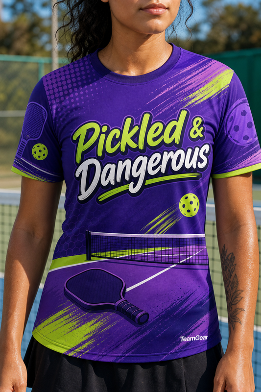 Pickled & Dangerous Purple Pickleball Jersey — custom pickleball jersey worn on model — TeamGear Canada