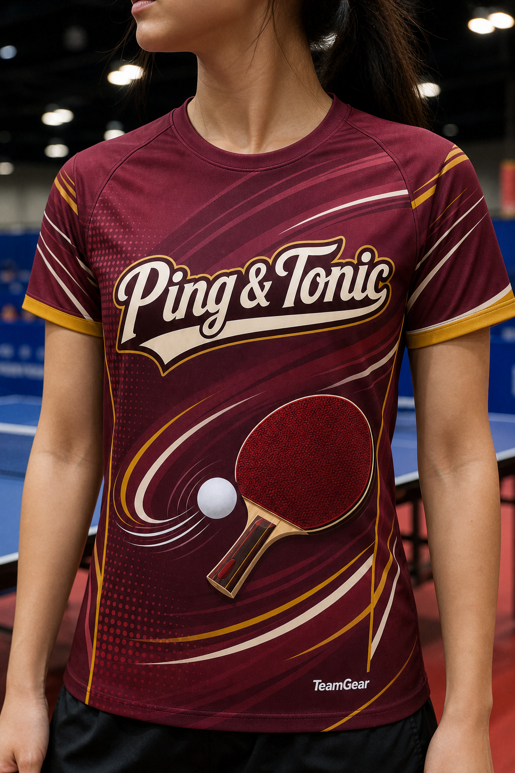 Ping & Tonic Maroon Table Tennis Jersey — custom table tennis jersey worn on model — TeamGear Canada