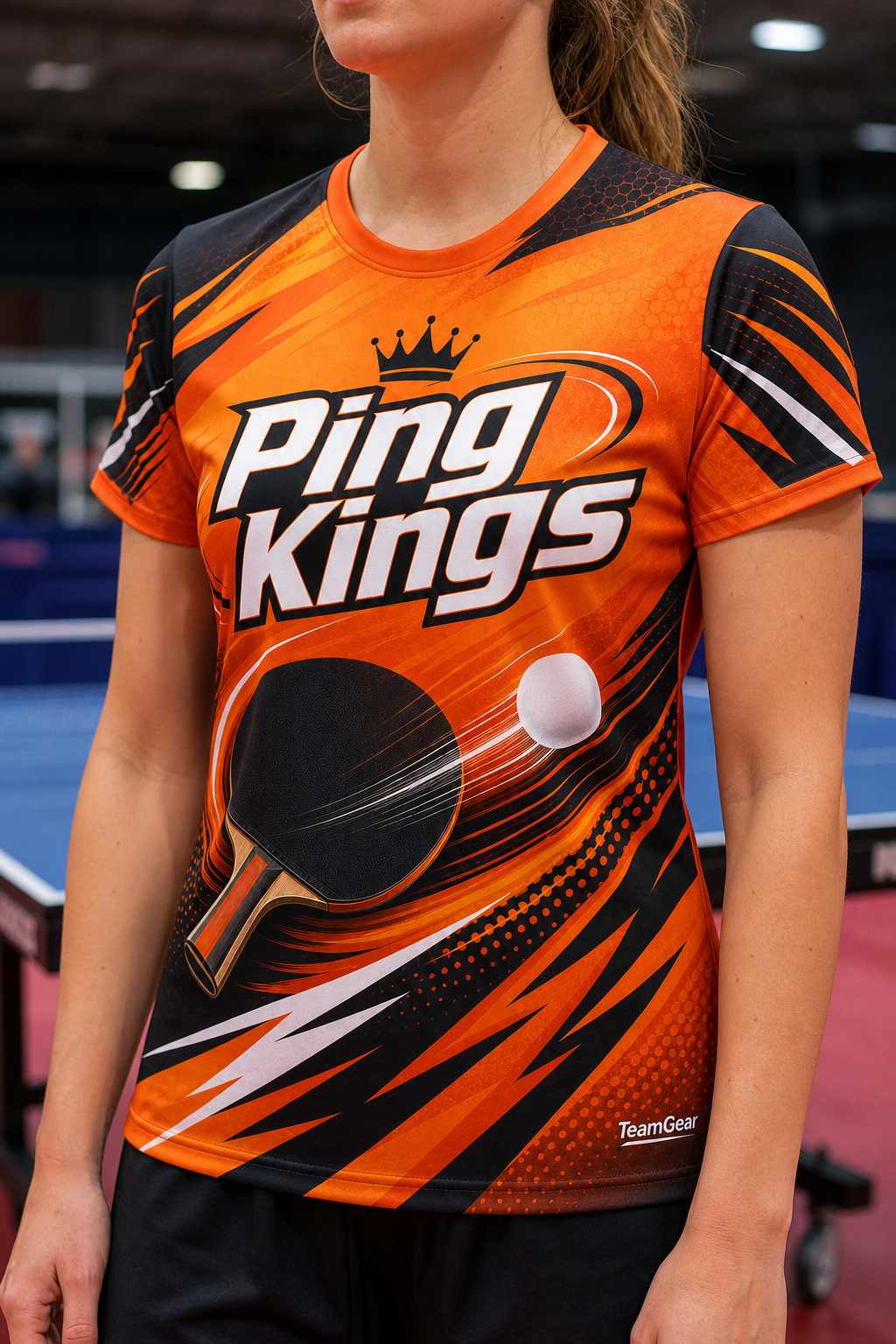 Ping Kings Orange Table Tennis Jersey — custom table tennis jersey worn on model — TeamGear Canada