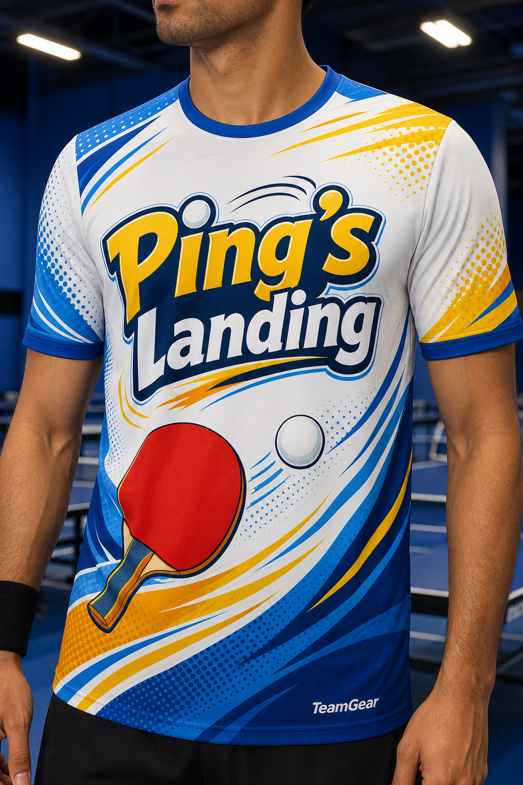 Ping's Landing White Table Tennis Jersey — custom table tennis jersey worn on model — TeamGear Canada