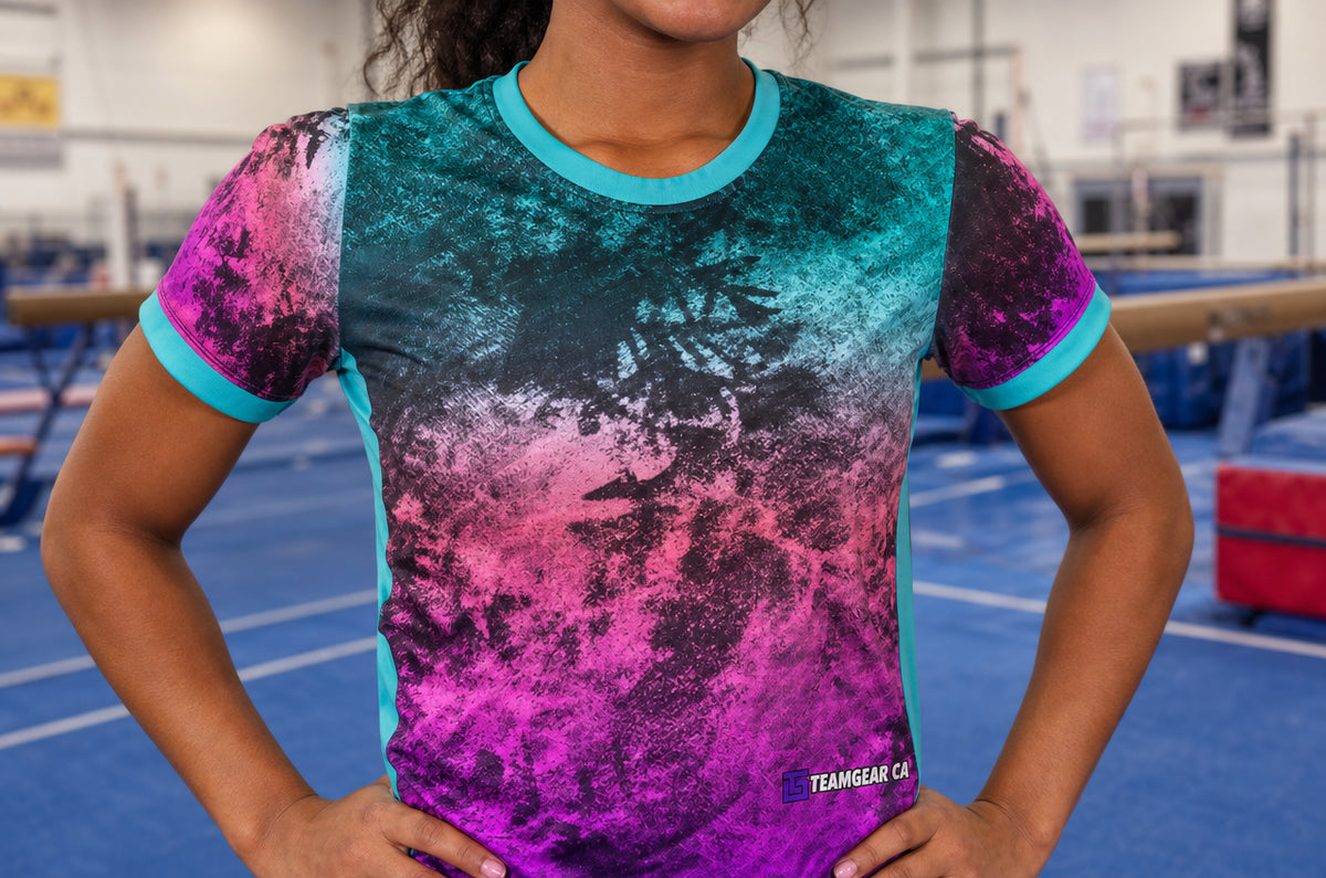 Pink and Teal Warmup Gymnastics Jersey — custom gymnastics jersey worn on model — TeamGear Canada