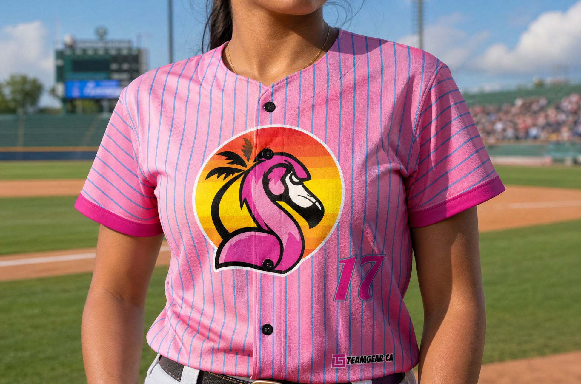 Pink Flamingos Pinstripe Baseball Jersey Full Button — custom baseball jersey worn on model — TeamGear Canada