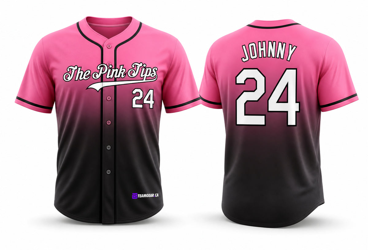 Pink Tips Baseball Jersey Full Button - front and back view