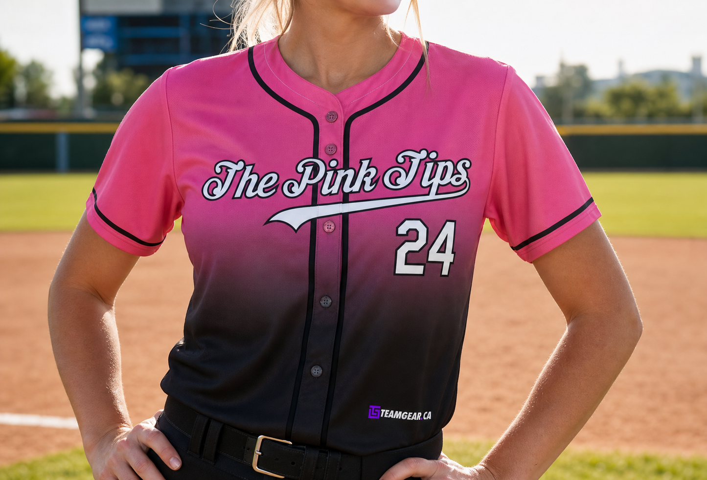 Pink Tips Baseball Jersey Full Button — custom baseball jersey worn on model — TeamGear Canada